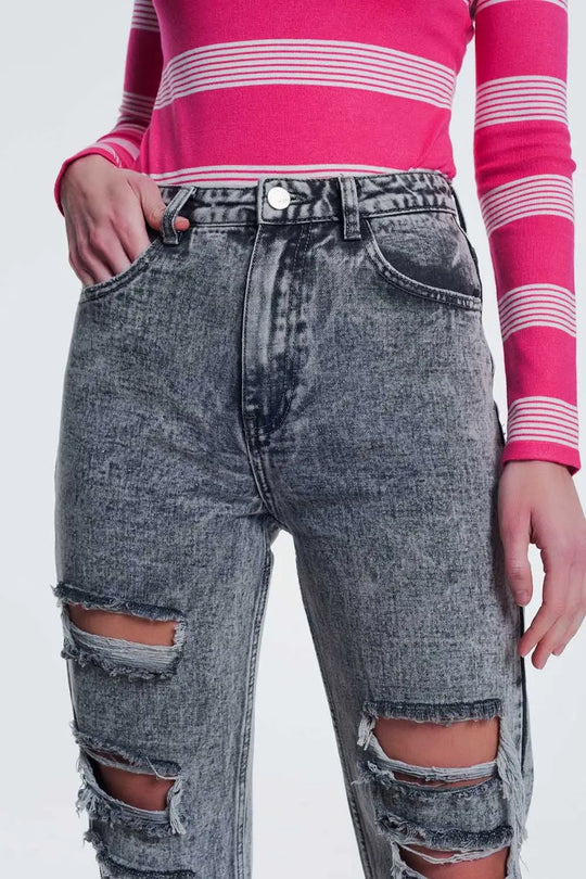 jean droit déchiré en gris - Pantalons