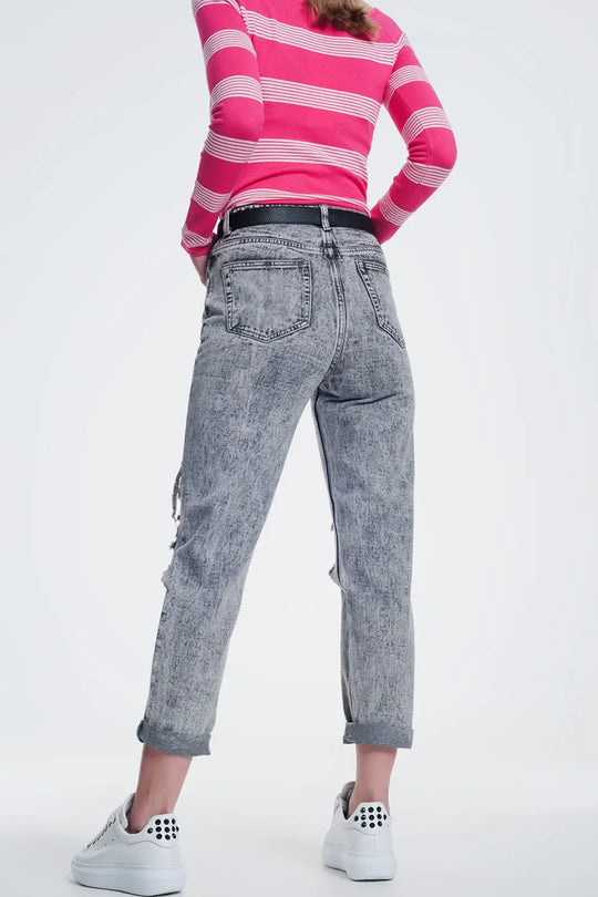 jean droit déchiré en gris - Pantalons