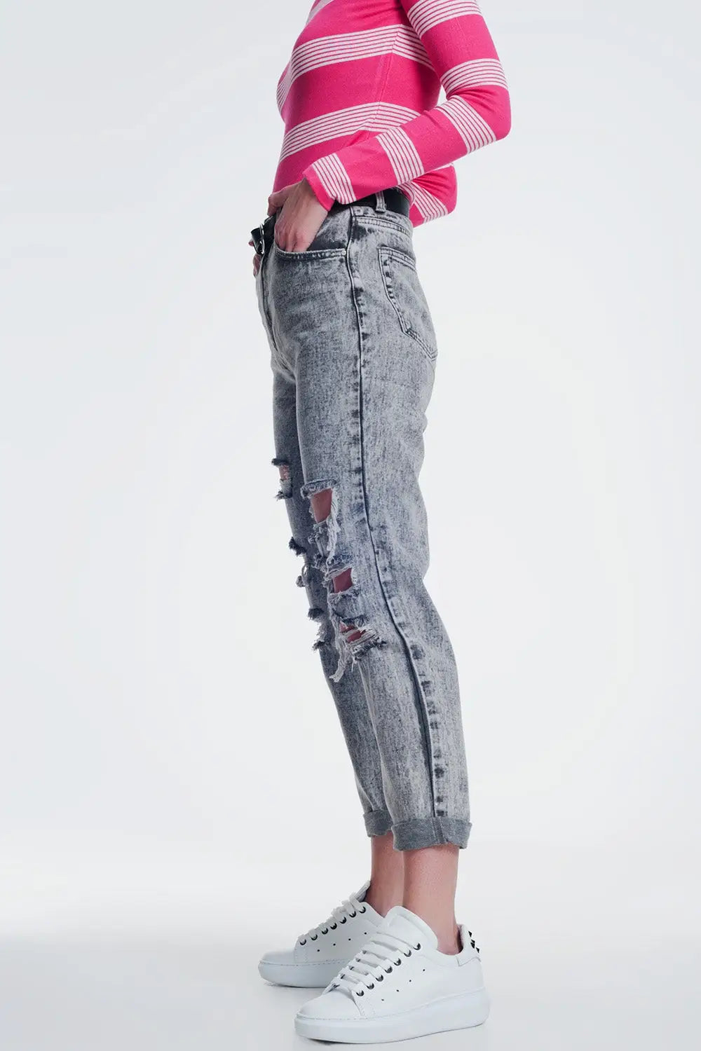 jean droit déchiré en gris - Pantalons