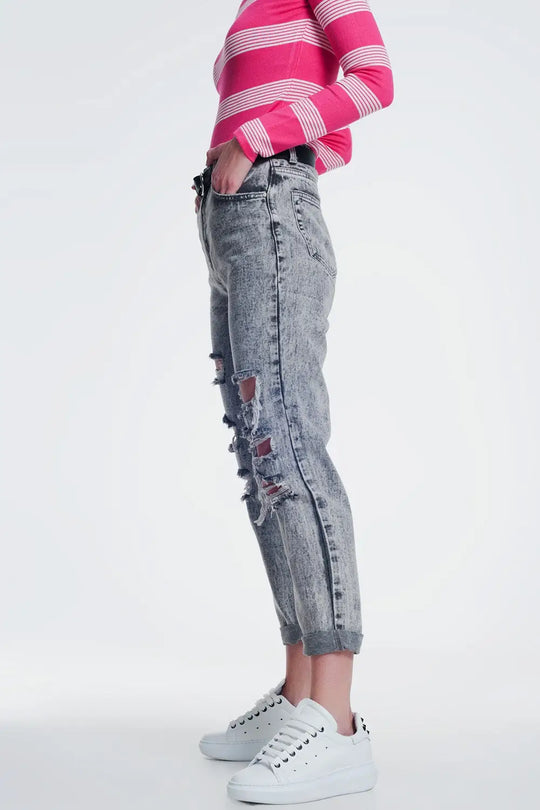 jean droit déchiré en gris - Pantalons