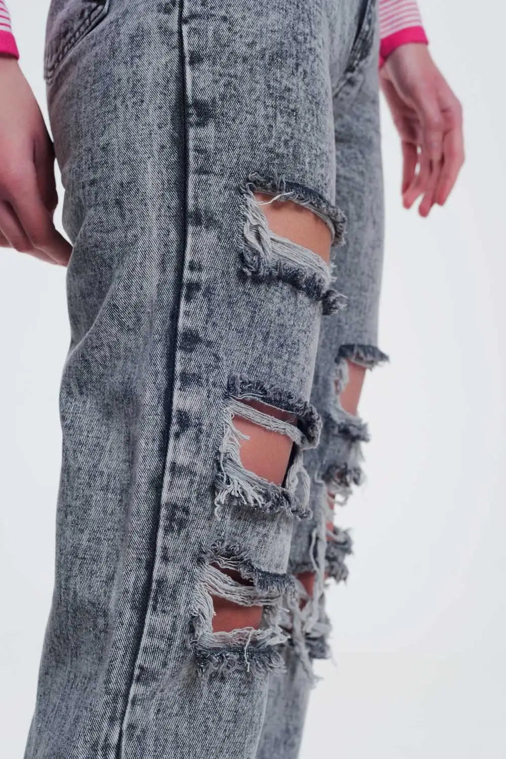 jean droit déchiré en gris - Pantalons
