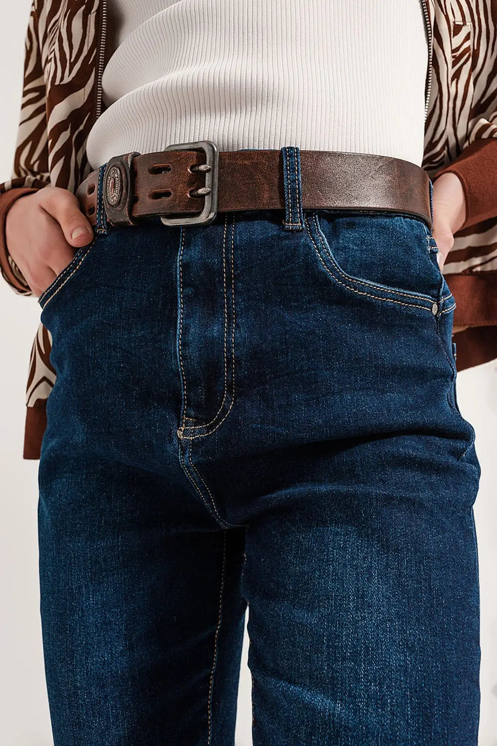 Jean droit en coton mélangé Bleu moyen - Pantalons