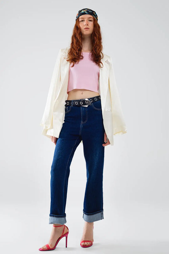 Jean droit en denim bleu foncé avec ourlet plié - Pantalons