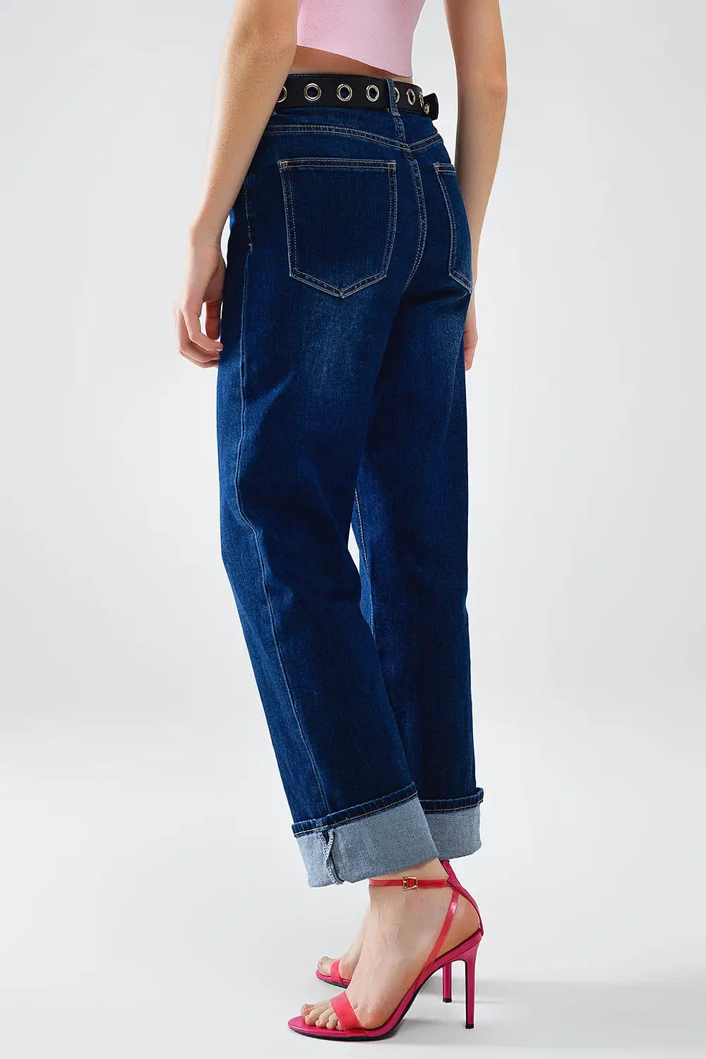 Jean droit en denim bleu foncé avec ourlet plié - Pantalons