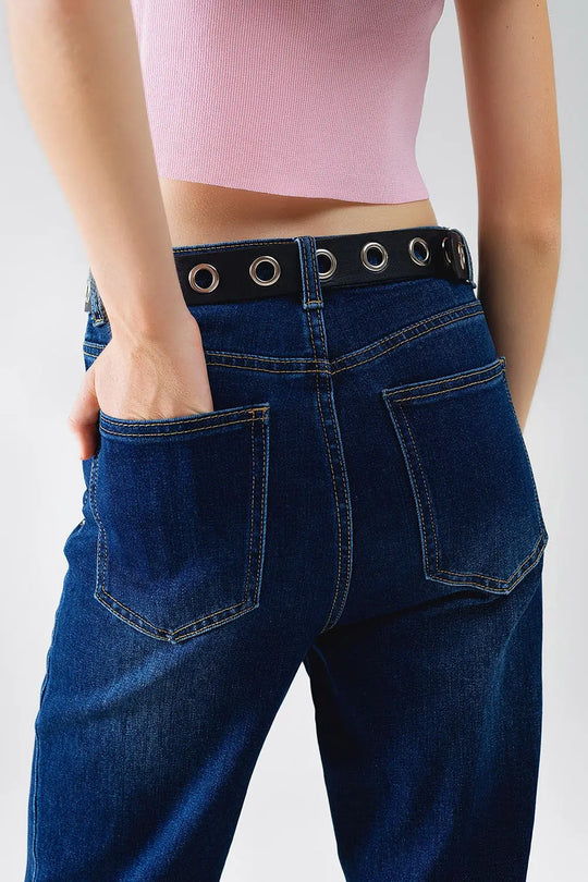 Jean droit en denim bleu foncé avec ourlet plié - Pantalons
