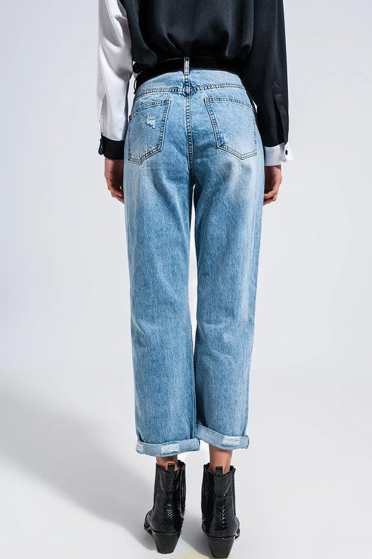 Jean droit en denim effet usé Bleu moyen - Pantalons