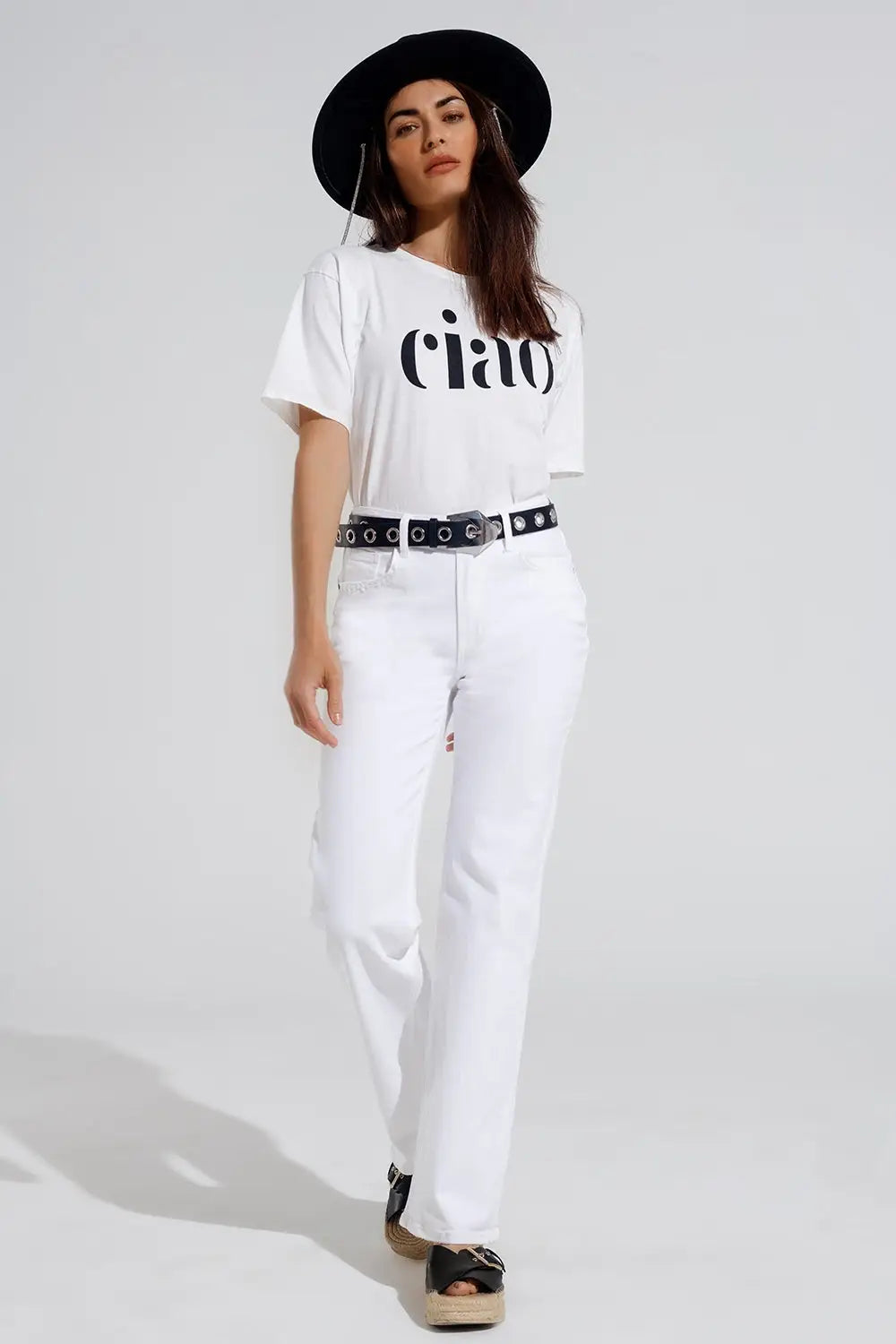 Jean droit en denim stretch avec 5 poches en blanc - Pantalons