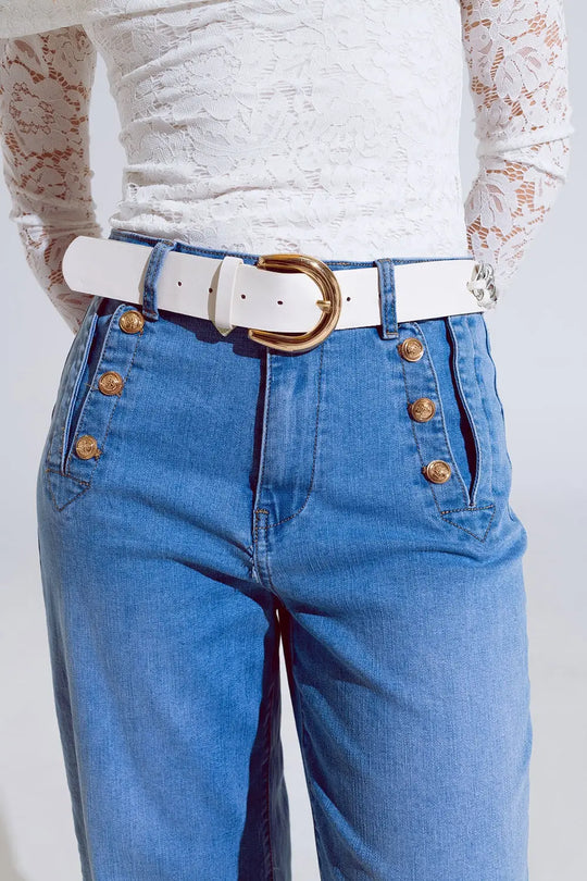 Jean droit évasé en bleu délavé avec détails de boutons - Pantalons