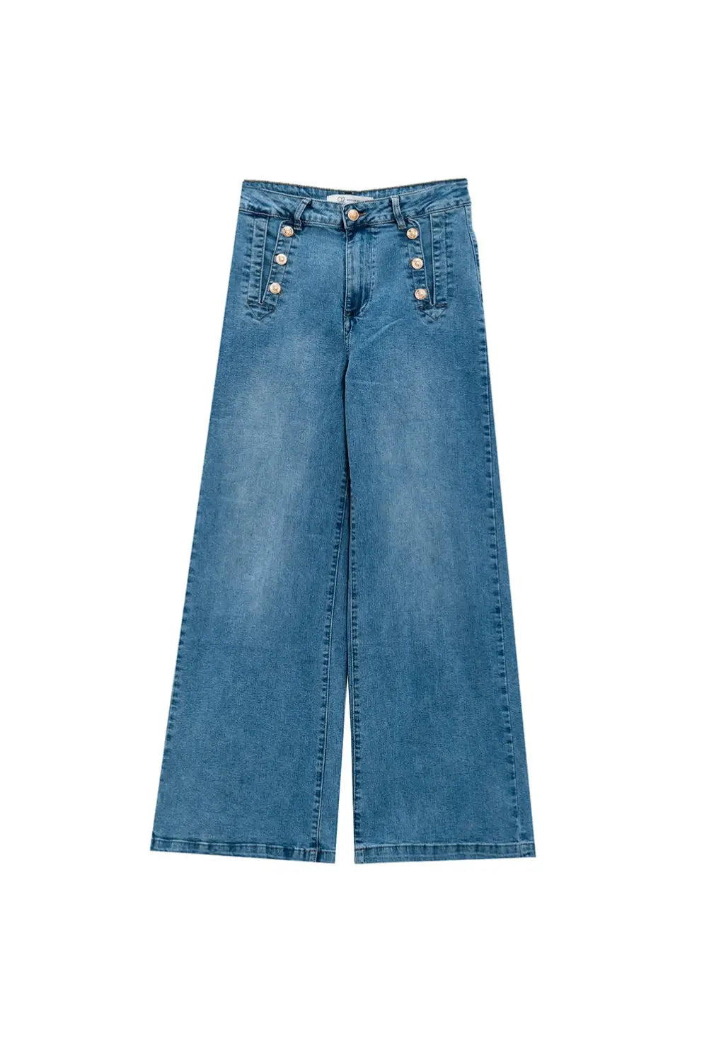 Jean droit évasé en bleu délavé avec détails de boutons - Pantalons