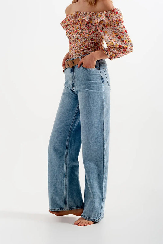 Jean droit large à taille haute bleu clair - Pantalons