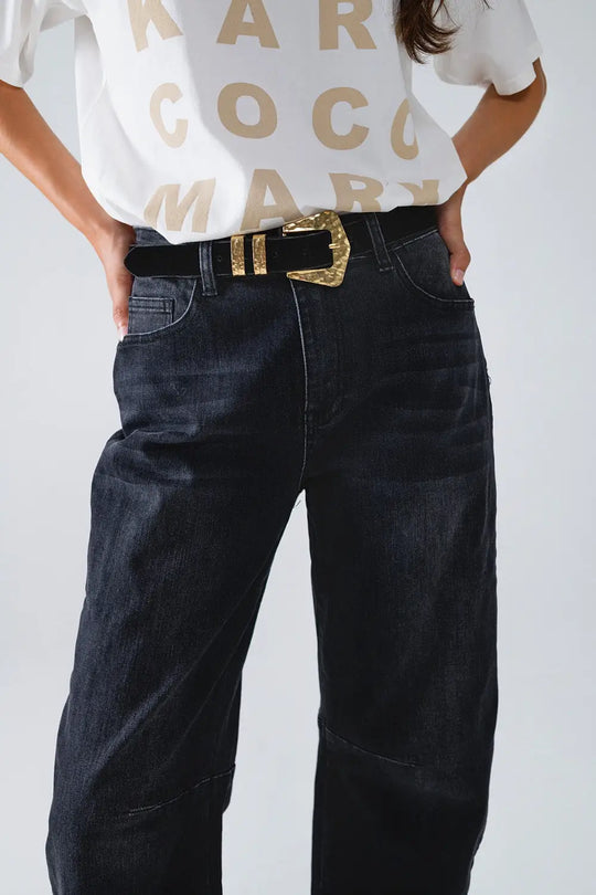Jean droit noir avec coutures apparentes - Pantalons
