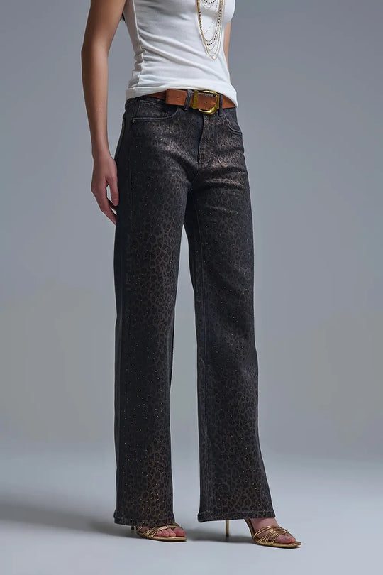 Q2 Jean droit noir imprimé léopard avec détails en strass