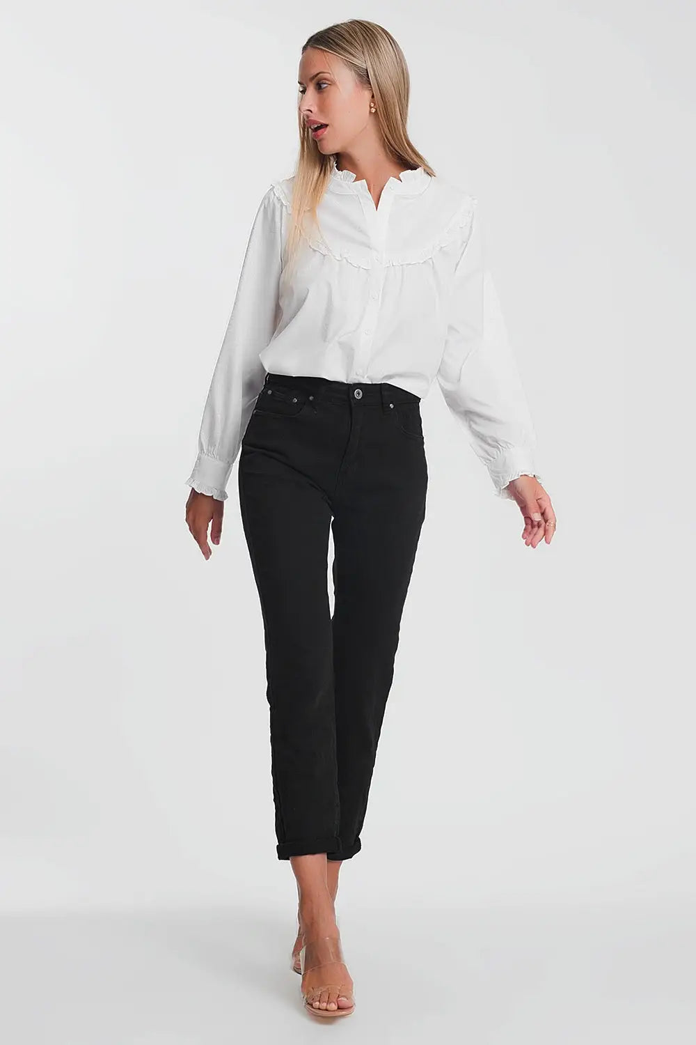 Jean droit taille haute en Noir - Pantalons