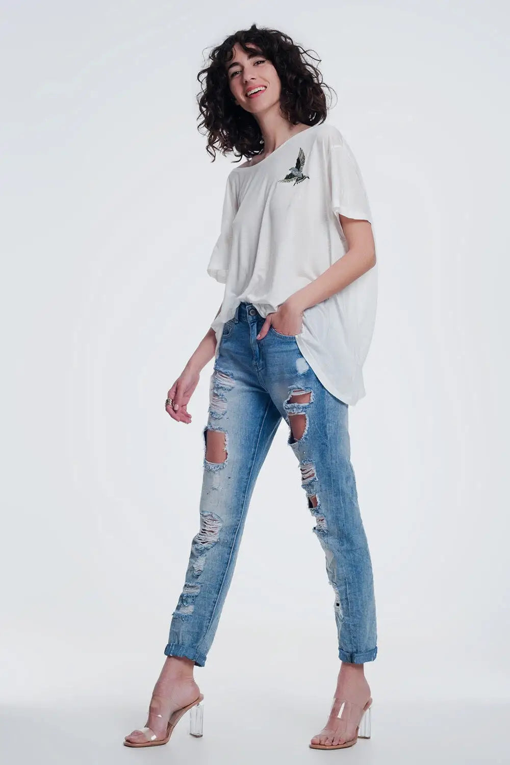 Jean droit ultra taille haute à déchirures Bleu clair - Pantalons