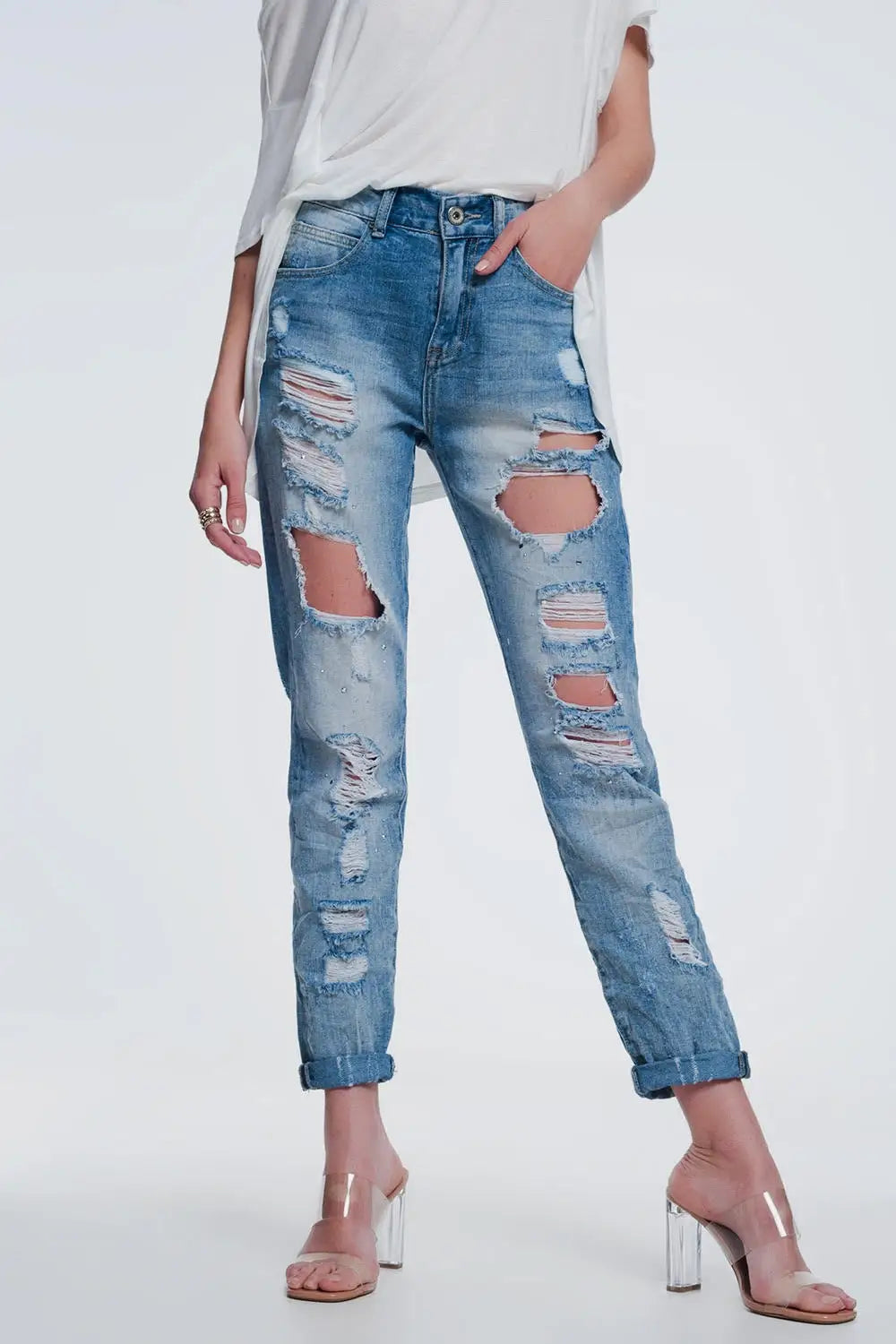 Q2 Jean droit ultra taille haute à déchirures Bleu clair