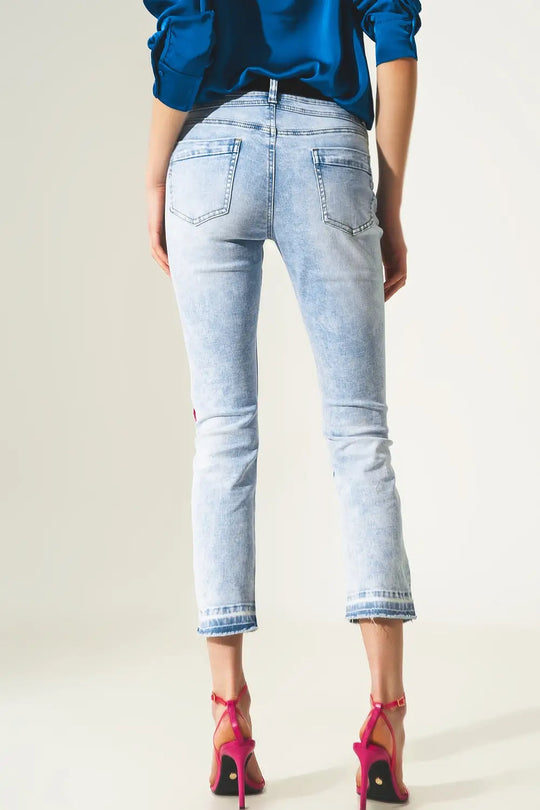 Jean droit usé avec détail de l’ourlet en bleu - Pantalons