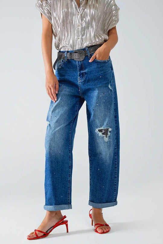 Jean droit vieilli avec détails de taches de peinture - Pantalons