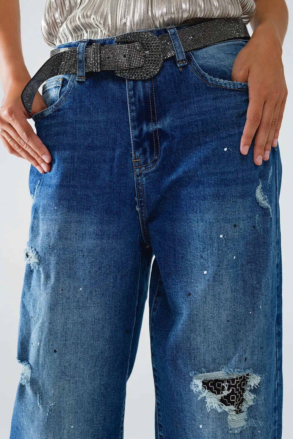 Jean droit vieilli avec détails de taches de peinture - Pantalons