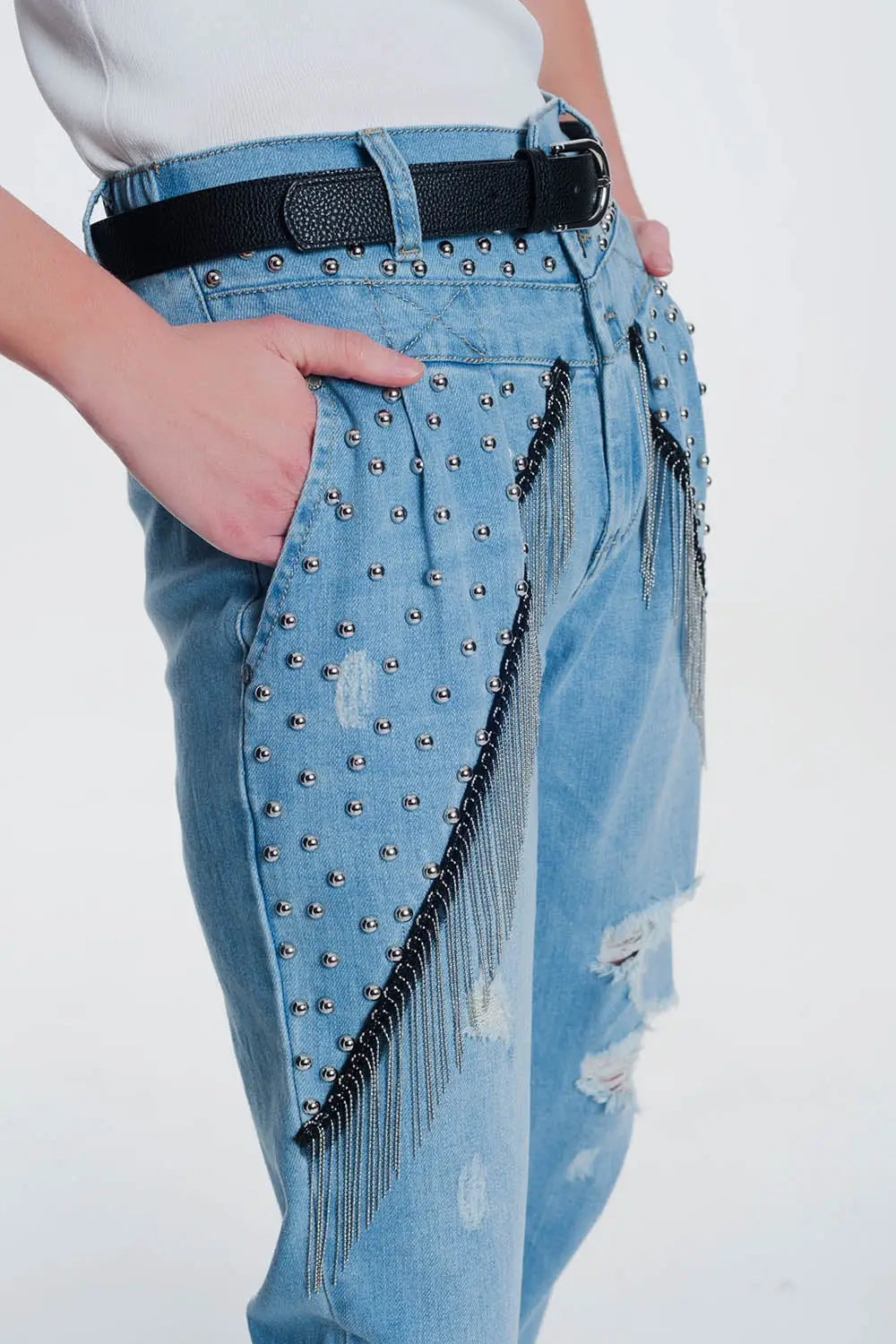 jean droit vintage déchiré avec clous - Pantalons