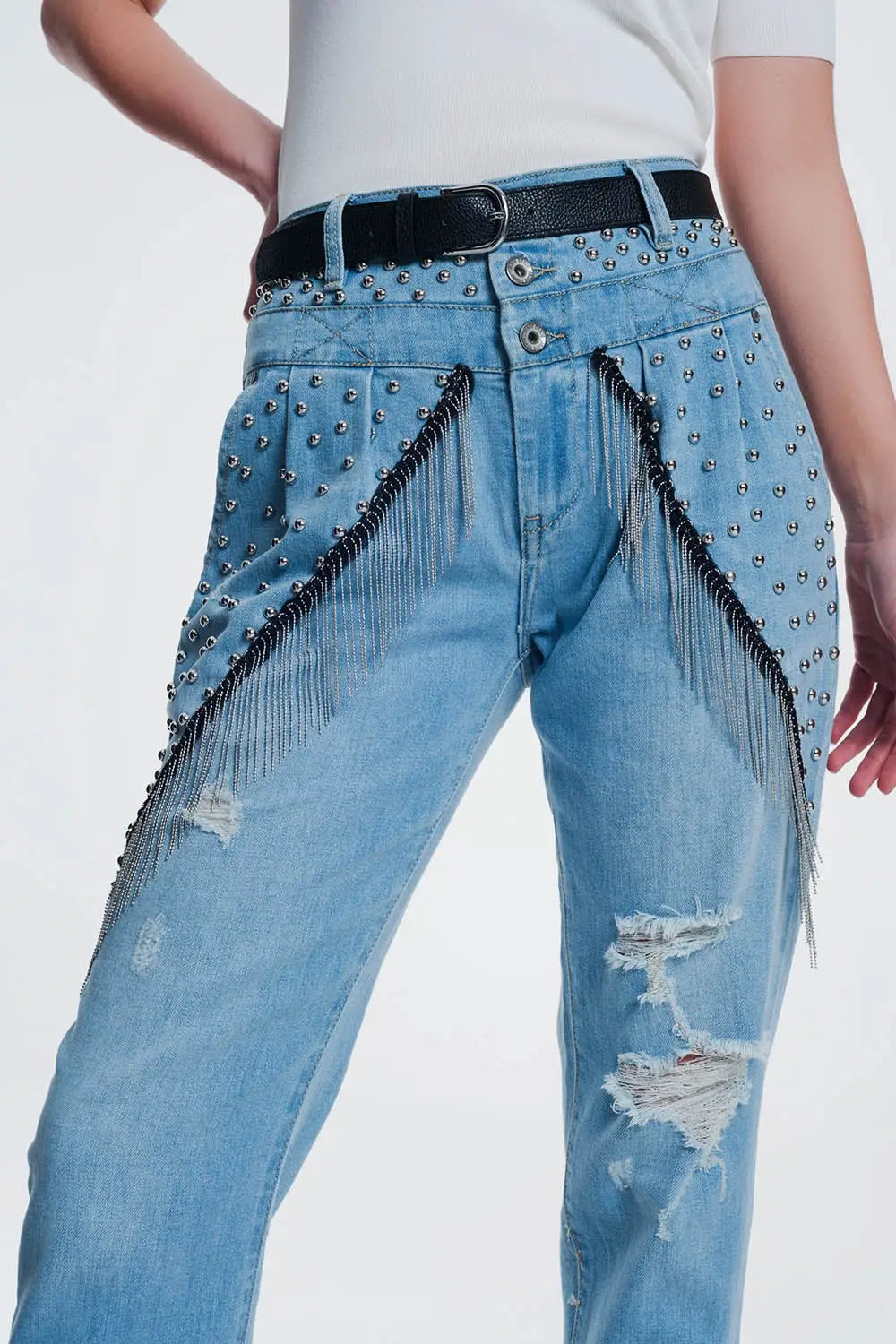 Q2 jean droit vintage déchiré avec clous