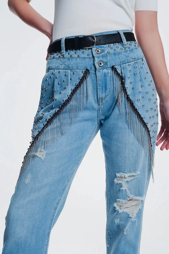 Q2 jean droit vintage déchiré avec clous