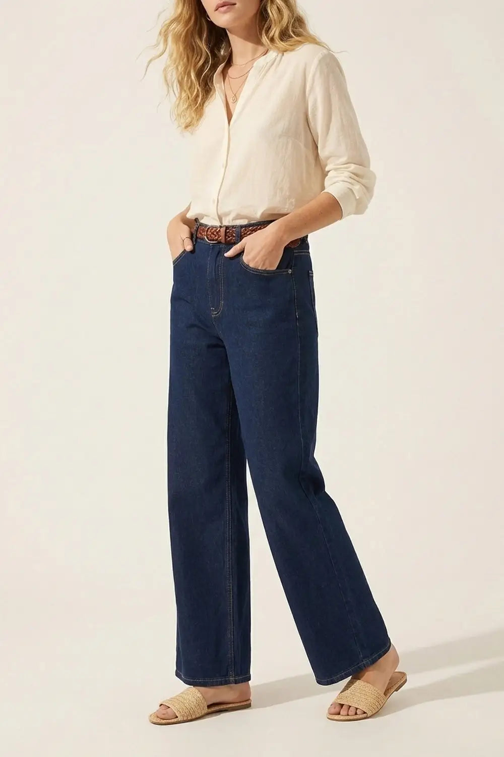 Jean en denim à jambe large et à taille haute bleu - Pantalons