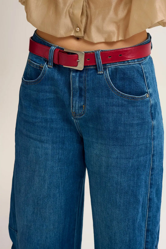 Jean en denim style baril délavage moyen ourlet à revers - Pantalons