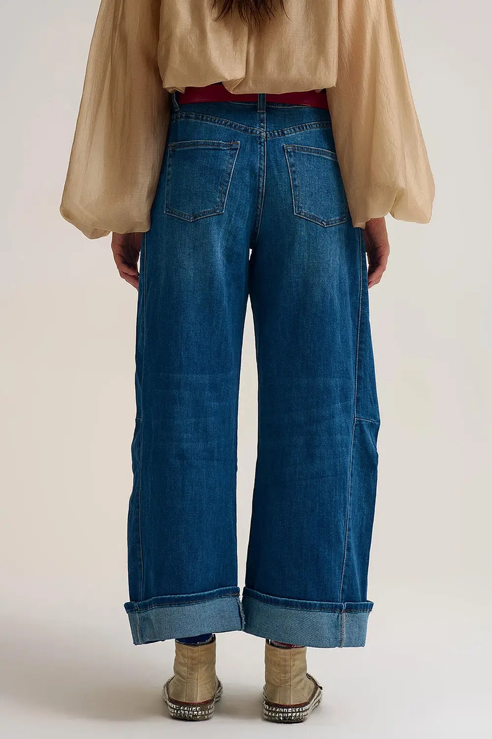 Jean en denim style baril délavage moyen ourlet à revers - Pantalons
