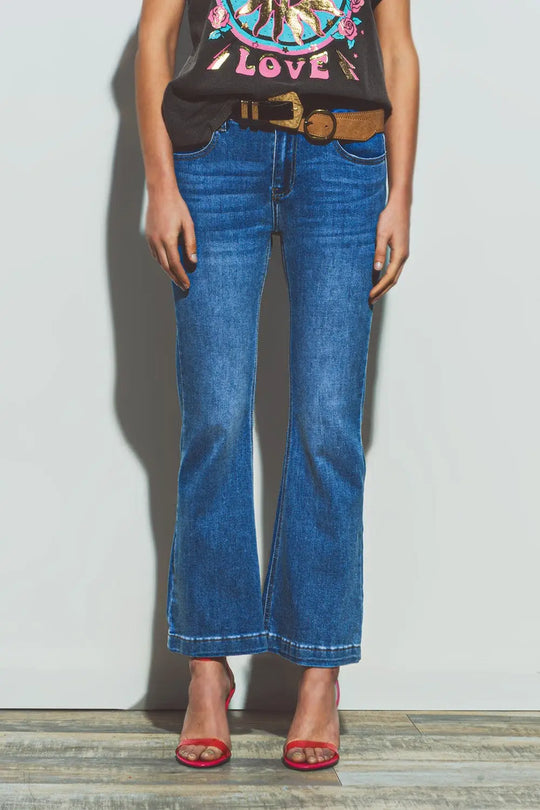 Jean évasé à taille double boutonnée en denim bleu - Pantalons