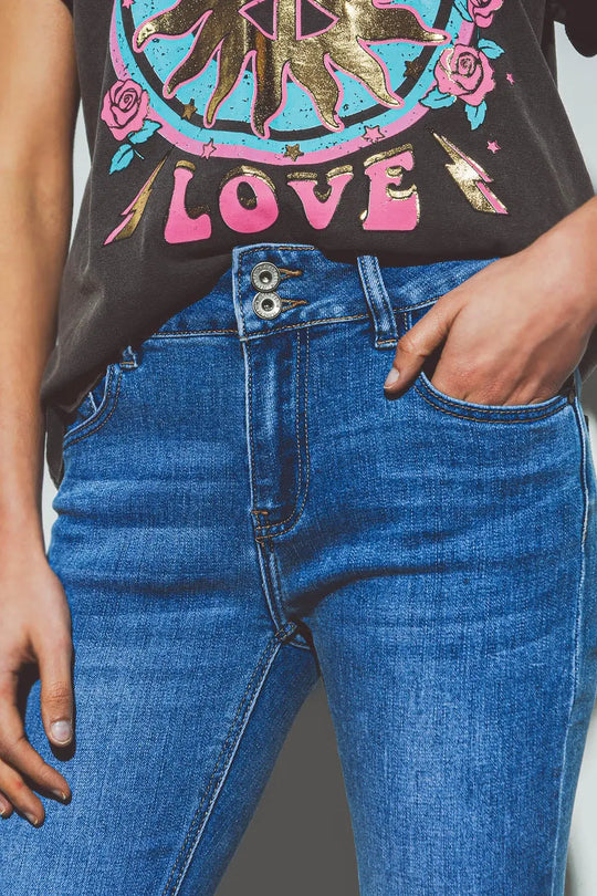 Jean évasé à taille double boutonnée en denim bleu - Pantalons