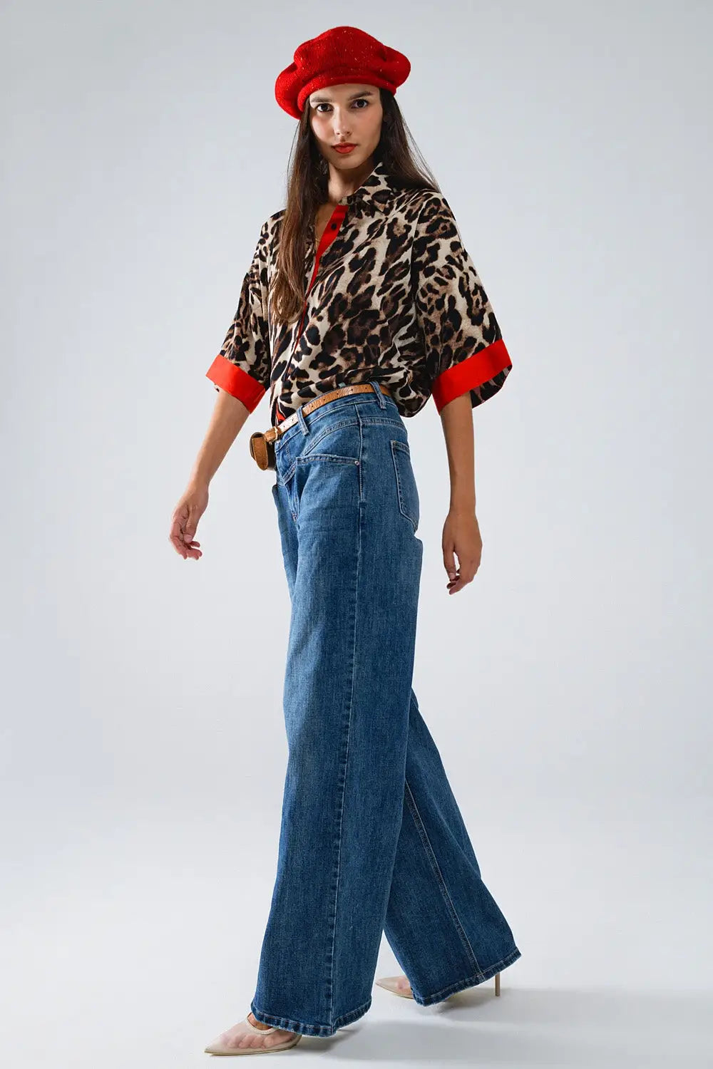 Jean évasé bleu avec surpiqûres - Pantalons