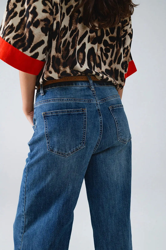 Jean évasé bleu avec surpiqûres - Pantalons