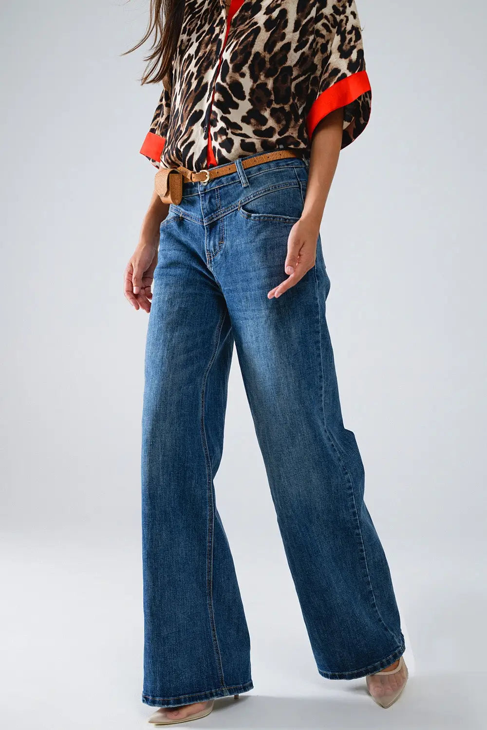 Jean évasé bleu avec surpiqûres - Pantalons