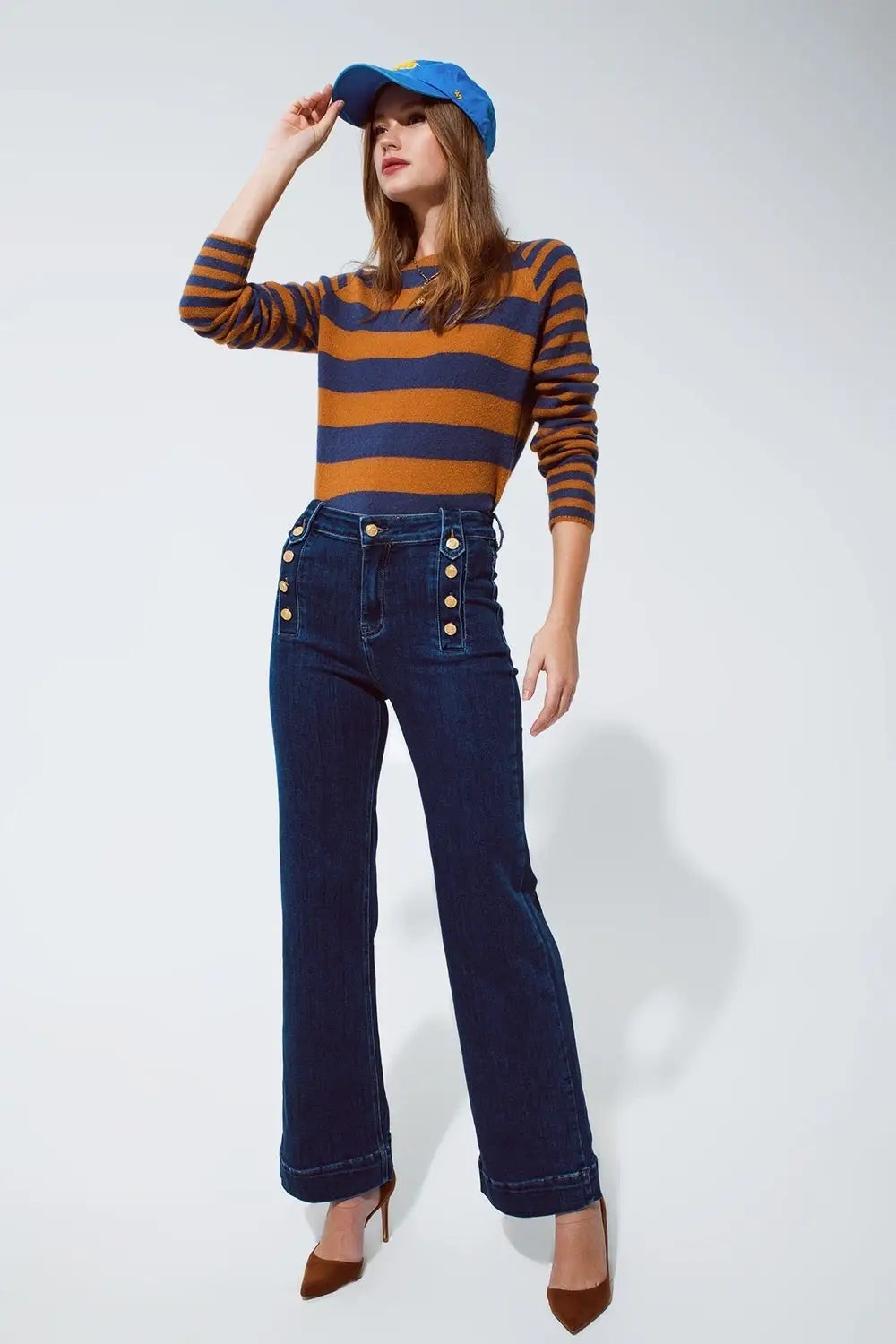 Jean évasé marine avec boutons en délavage moyen - Pantalons