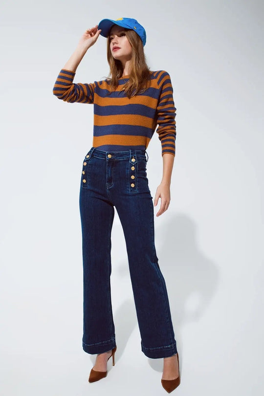 Jean évasé marine avec boutons en délavage moyen - Pantalons