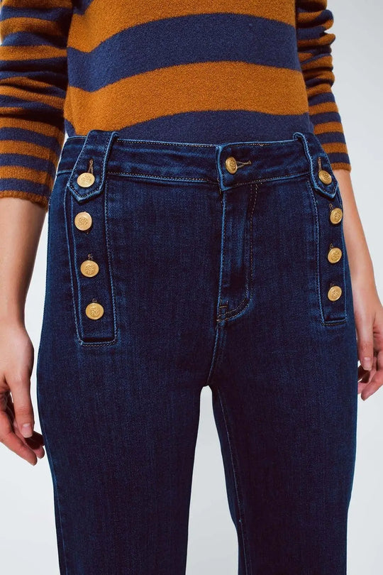 Jean évasé marine avec boutons en délavage moyen - Pantalons