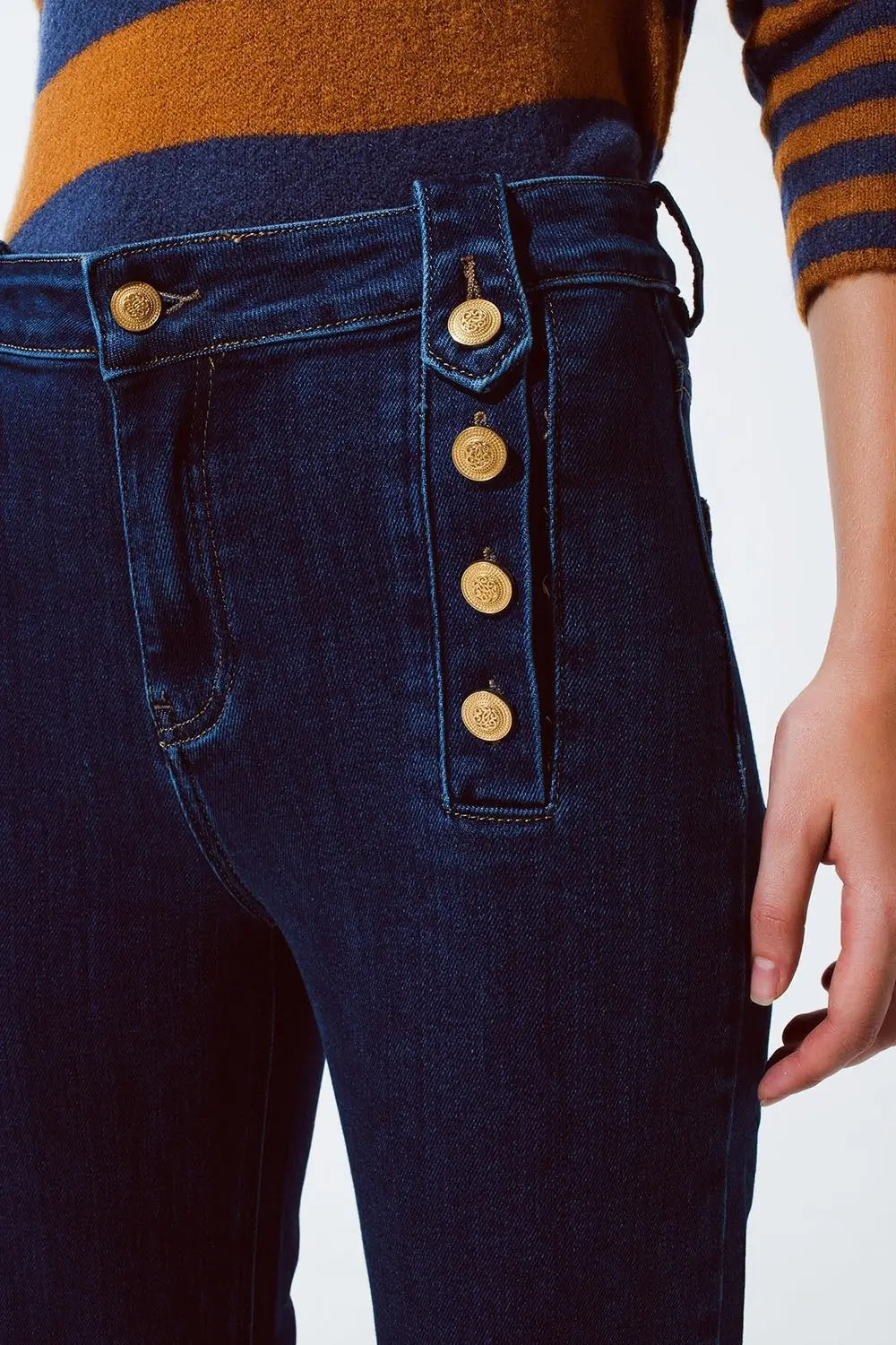 Jean évasé marine avec boutons en délavage moyen - Pantalons