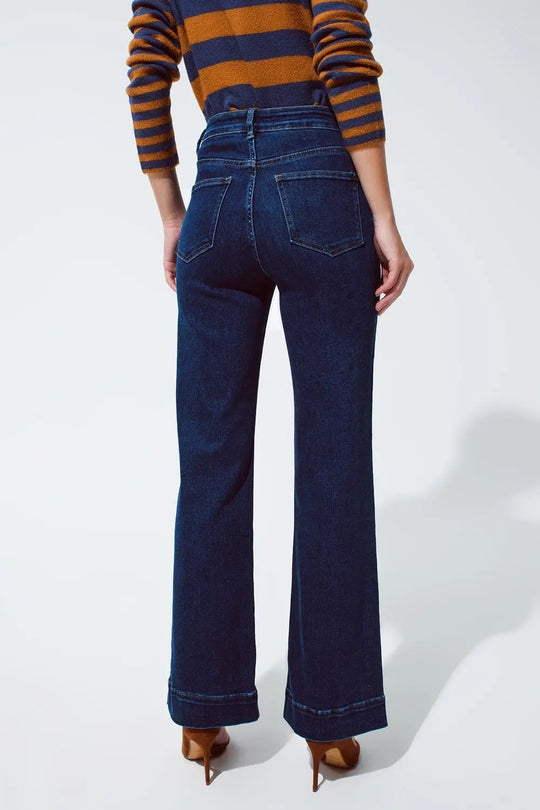 Jean évasé marine avec boutons en délavage moyen - Pantalons