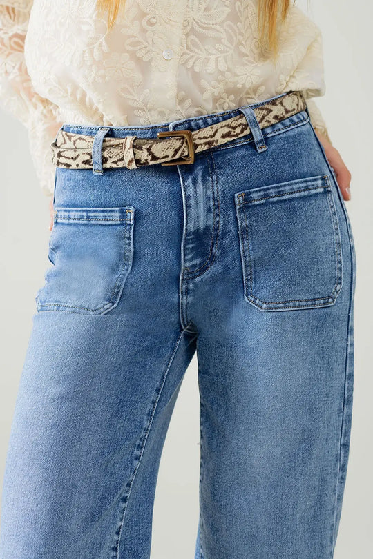 Jean extensible à jambe droite avec poches sur le devant délavage moyen - Pantalons