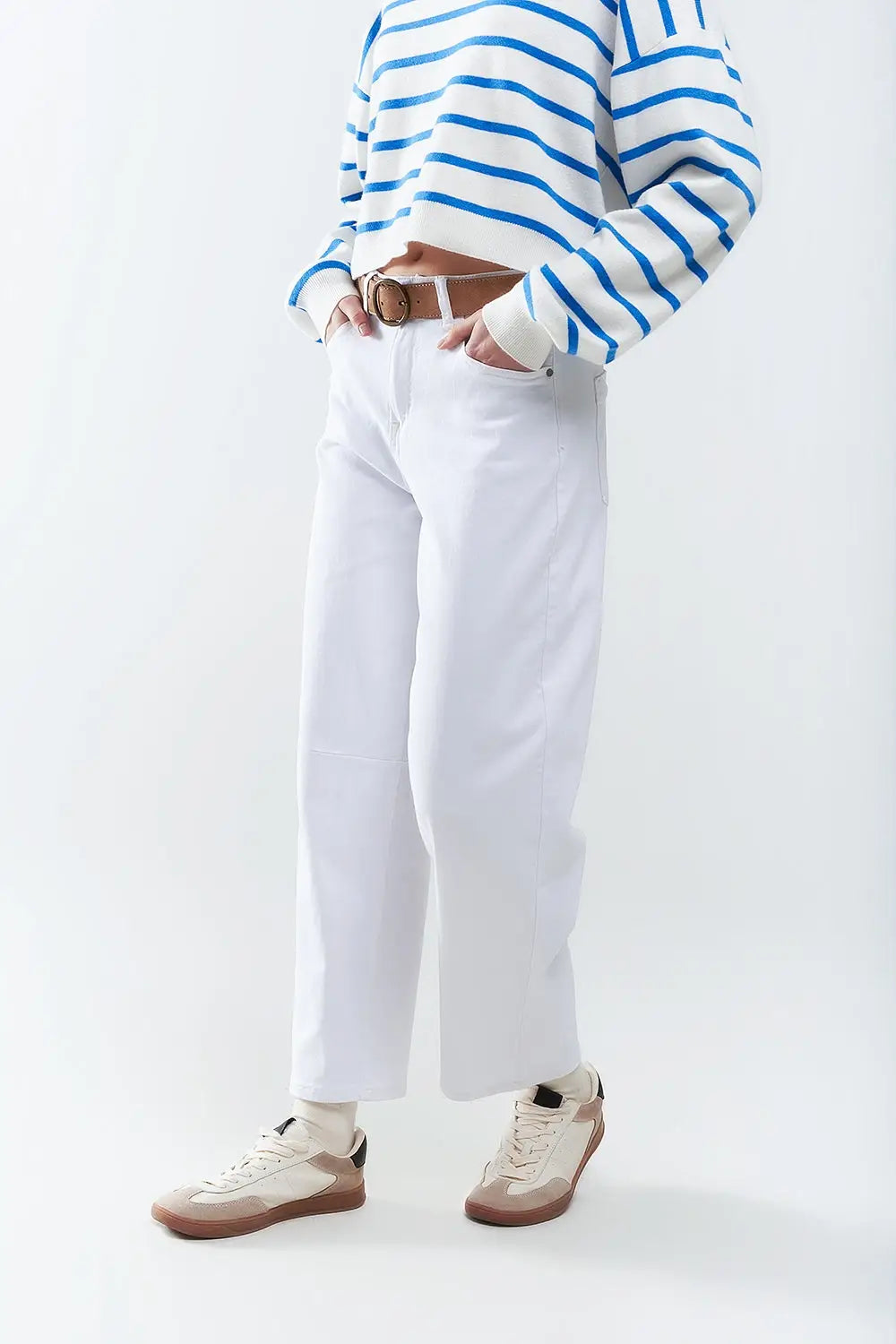 jean extensible confortable avec jambe tonneau en blanc - Pantalons