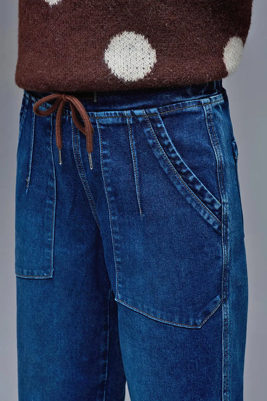 Jean jogger en denim à la coupe décontractée et à la taille à cordon de serrage - Pantalons