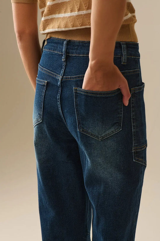 Jean large à taille ajustable en délavage foncé - Pantalons