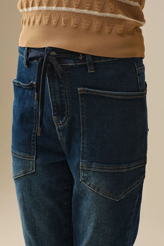 Jean large à taille ajustable en délavage foncé - Pantalons