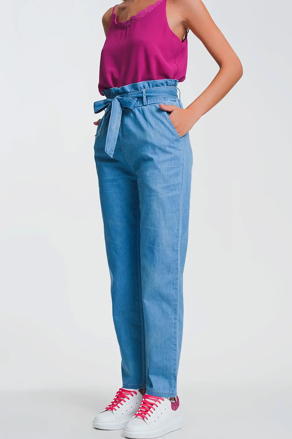 Jean léger à taille haute froncée bleu clair - Pantalons