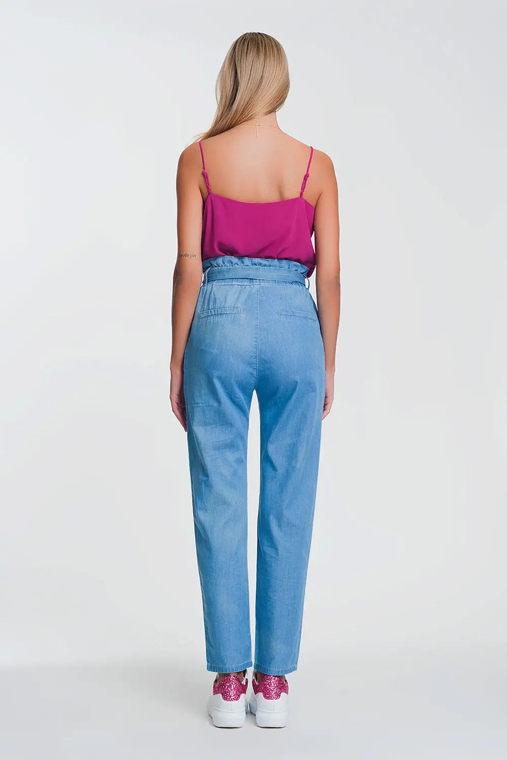 Jean léger à taille haute froncée bleu clair - Pantalons