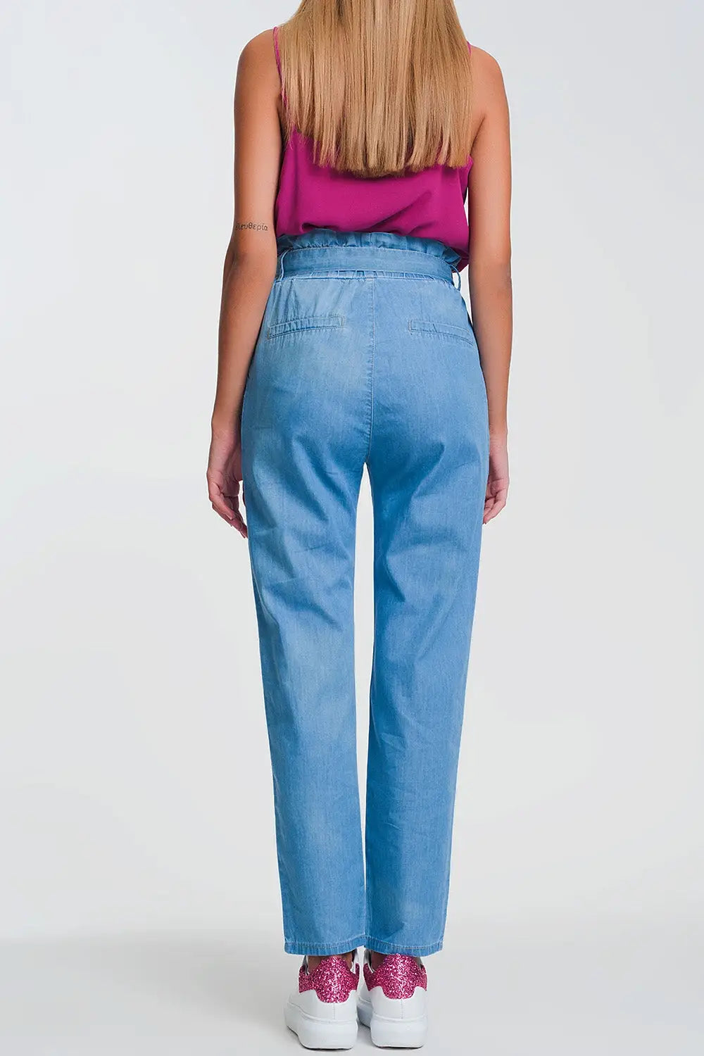 Jean léger à taille haute froncée bleu clair - Pantalons
