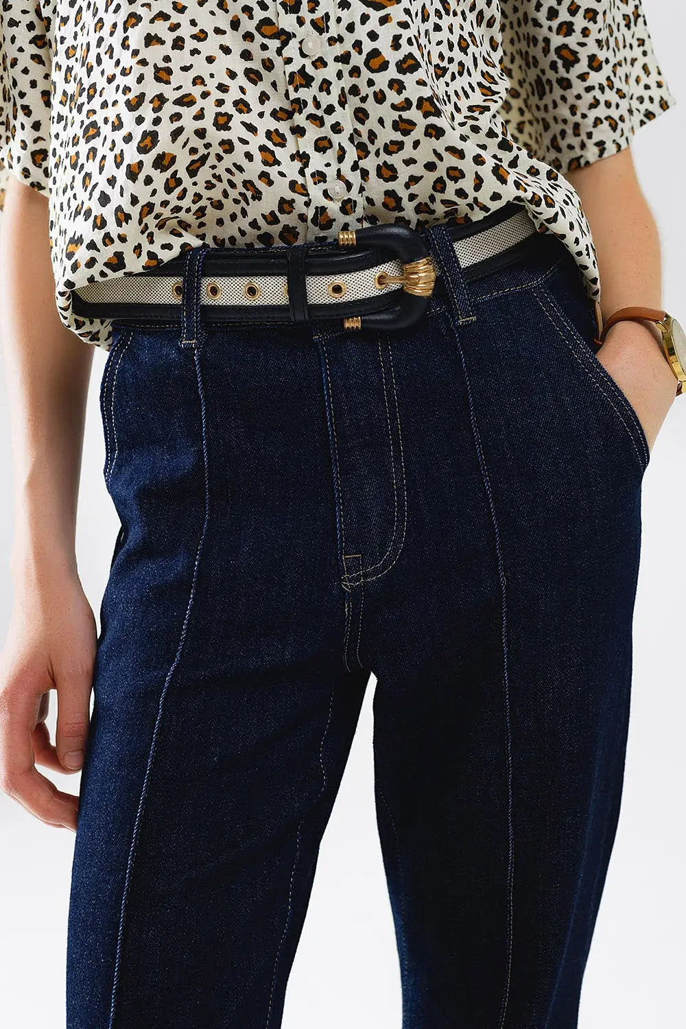 Jean long et droit bleu foncé avec surpiqûres contrastées - Pantalons