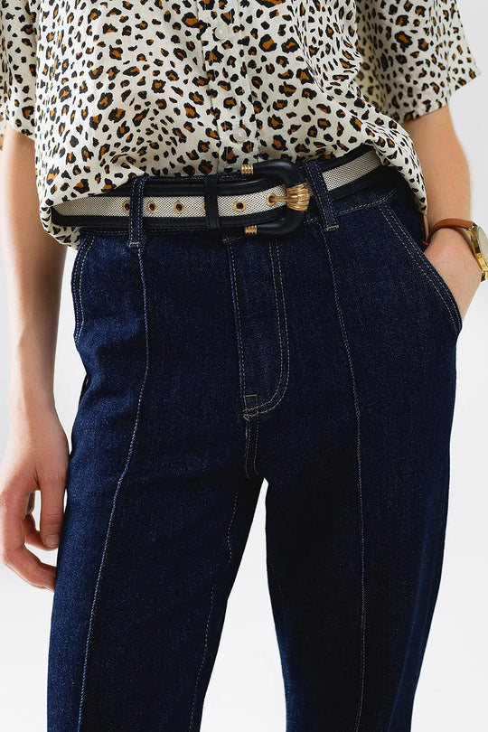 Jean long et droit bleu foncé avec surpiqûres contrastées - Pantalons