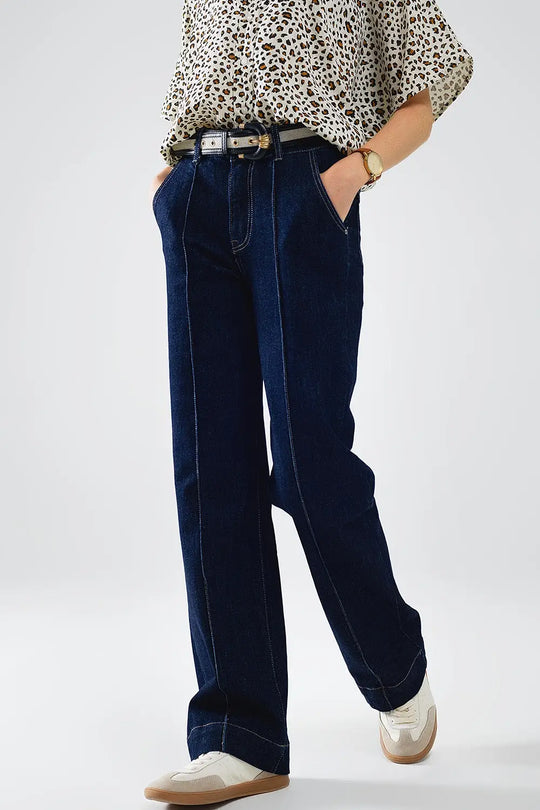 Jean long et droit bleu foncé avec surpiqûres contrastées - Pantalons