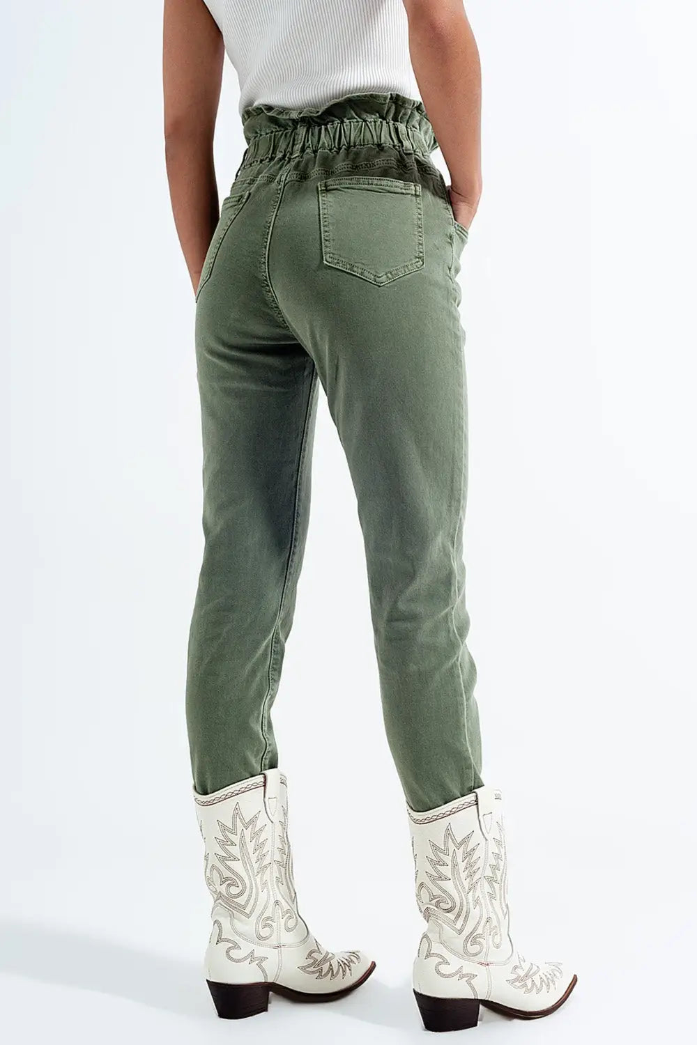 Jean mom à élastique taille haute froncée kaki - Pantalons